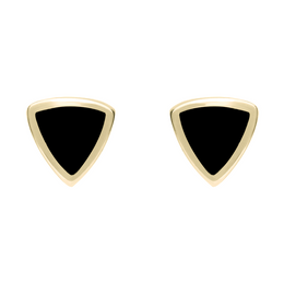 9ct Yellow Gold Whitby Jet Small Curved Triangle Stud Earrings. E061. 
