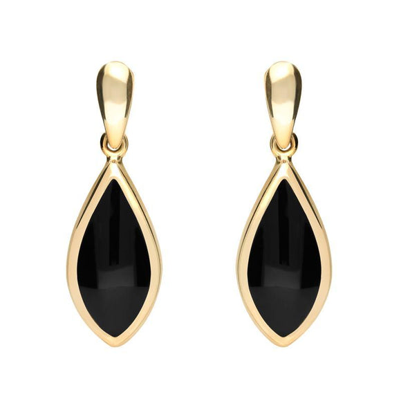 9ct Yellow Gold Whitby Jet Small Pointed Pear Drop Earrings. E686.