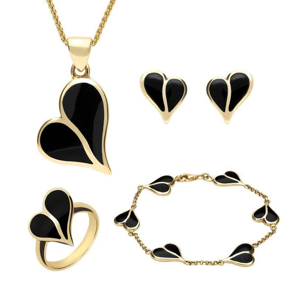 9ct Yellow Gold Whitby Jet Split Heart Four Piece Set