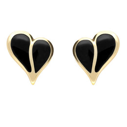 9ct Yellow Gold Whitby Jet Split Heart Stud Earrings, E364.