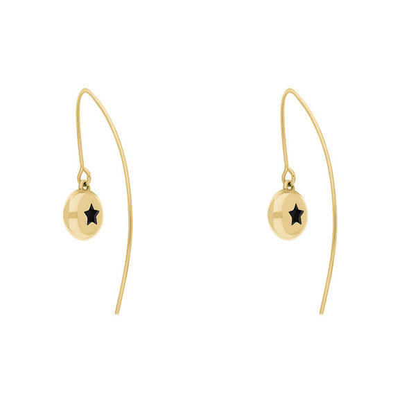 9ct Yellow Gold Whitby Jet Star Disc Drop Earrings, E1371.