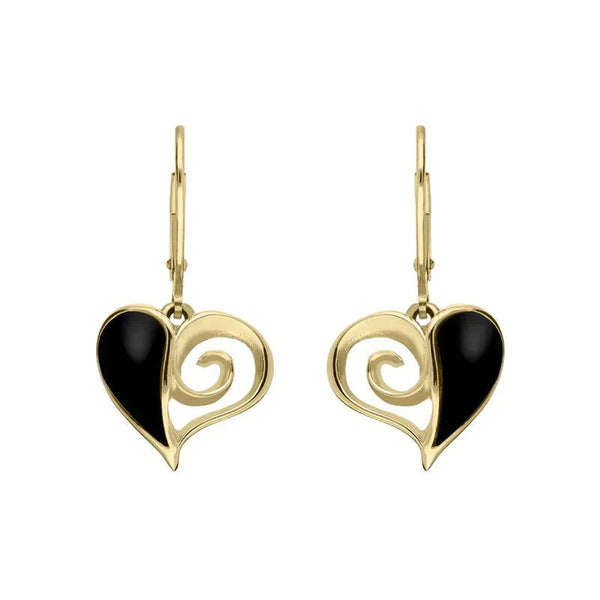 9ct Yellow Gold Whitby Jet Swirl Heart Hook Drop Earrings. E1872.