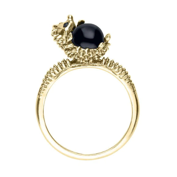 9ct Yellow Gold Whitby Jet Tiny Hedgehog Ring R1162