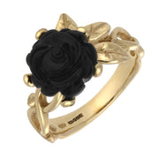 9ct Yellow Gold Whitby Jet Tuberose Rose Leaf Twist Ring, R728.