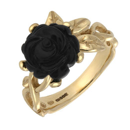 9ct Yellow Gold Whitby Jet Tuberose Rose Leaf Twist Ring, R728.