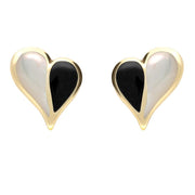 9ct Yellow Gold Whitby Jet White Mother of Pearl Split Heart Stud Earrings E364
