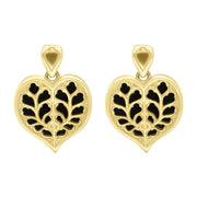 9ct Yellow Gold Whitby Jet York Minster Heart Stud Drop Earrings. E2386.
