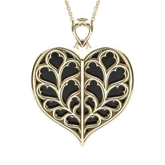 9ct Yellow Gold Whitby Jet York Minster Medium Heart Necklace. P3252.
