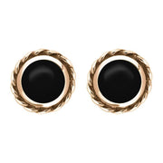 9ct Rose Gold Whitby Jet Round Twist Edge Stud Earrings. E134.