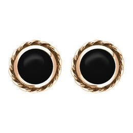 9ct Rose Gold Whitby Jet Round Twist Edge Stud Earrings. E134.