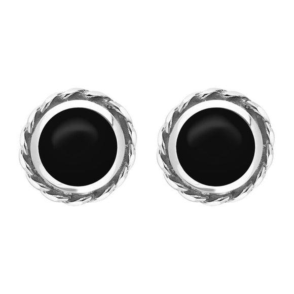 9ct White Gold Whitby Jet Round Twist Edge Stud Earrings. E134.