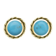 9ct Yellow Gold Turquoise Round Twist Edge Stud Earrings. E134.