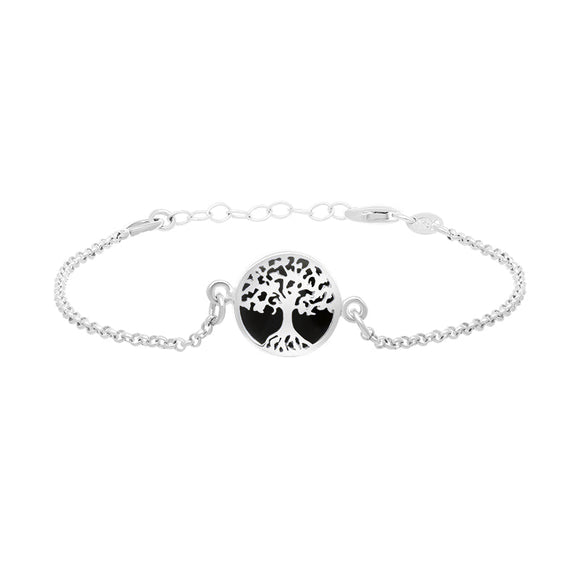 Sterling Silver Whitby Jet Round Tree of Life Chain Bracelet