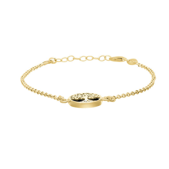 9ct Yellow Gold Whitby Jet Round Tree of Life Chain Bracelet