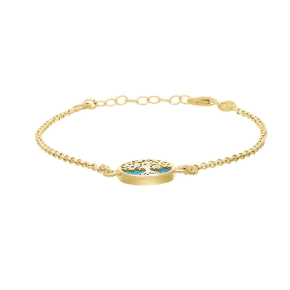 9ct Yellow Gold Turquoise Round Tree of Life Chain Bracelet