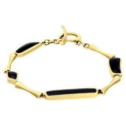9ct Yellow Gold Whitby Jet Four Stone Organic Pear T Bar Bracelet, B472.
