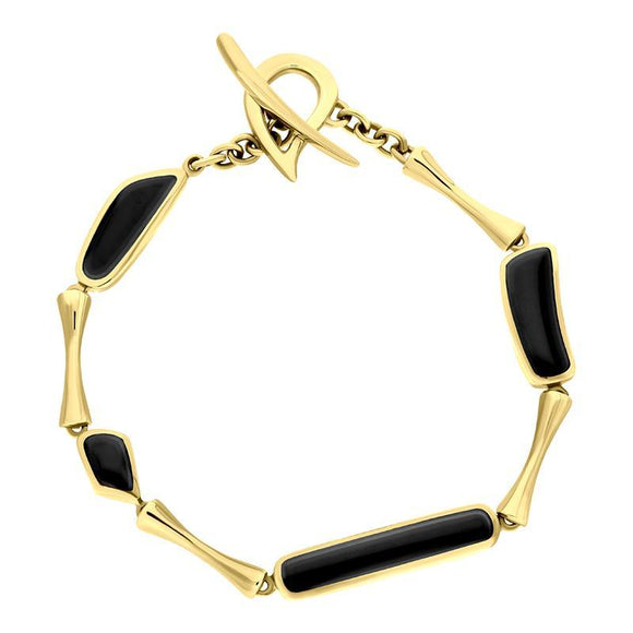 9ct Yellow Gold Whitby Jet Four Stone Organic Pear T Bar Bracelet, B472.