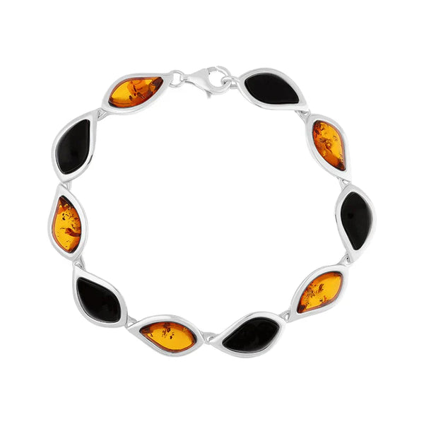 Sterling Silver Whitby Jet Amber Ten Stone Small Leaf Bracelet