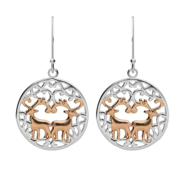 Sterling Silver Rose Gold Round Pierced Reindeer Earrings E2235