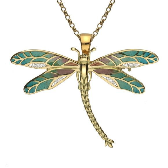 18ct Yellow Gold Diamond Enamel House Style Dragonfly Brooch Necklace M306C