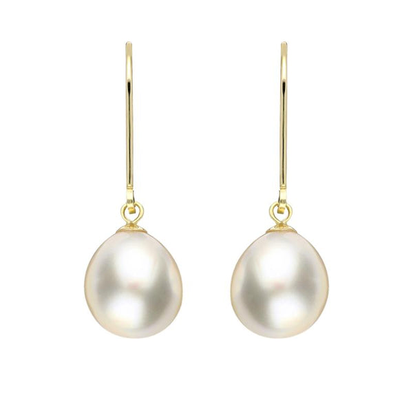 00177902 18ct Yellow Gold White Pearl 9mm Lever Back Drop Earrings, E2518.