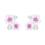 Sterling Silver Pearl & Pink Sapphire Double Cherry Blossom Stud Earrings