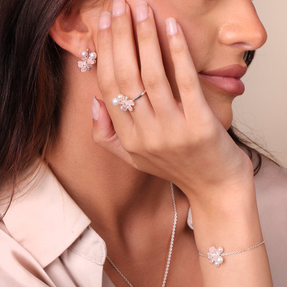 Sterling Silver Pearl and Pink Sapphire Cherry Blossom Stud Earrings