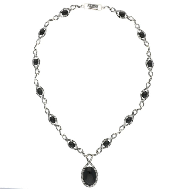 Sterling Silver Whitby Jet Marcasite Thirteen Stone Twist Link Necklace
