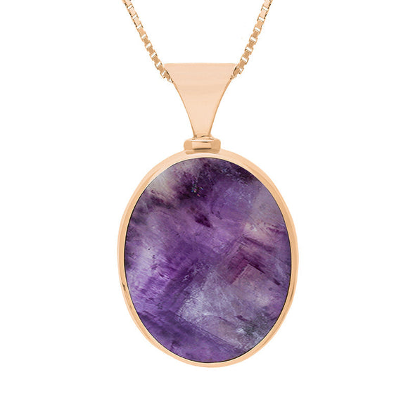 18ct Rose Gold Blue John Mother of Pearl Hallmark Double Sided Oval Necklace, P147_FH