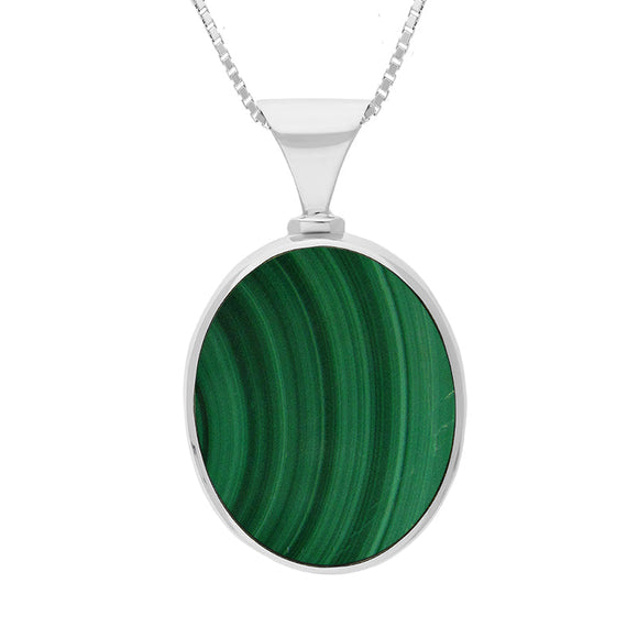 9ct White Gold Whitby Jet Malachite Hallmark Double Sided Oval Necklace, P147_FH