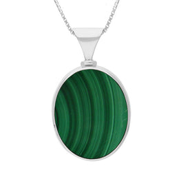9ct White Gold Whitby Jet Malachite Hallmark Double Sided Oval Necklace, P147_FH