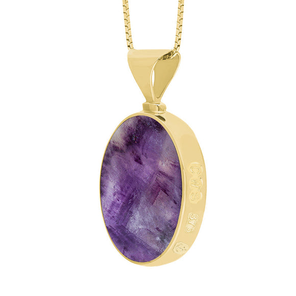 9ct Yellow Gold Blue John Mother of Pearl Hallmark Double Sided Oval Necklace