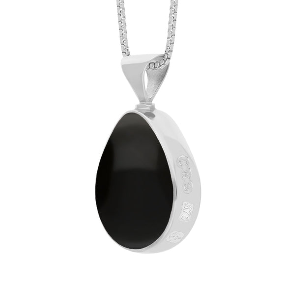 9ct White Gold Whitby Jet Mother of Pearl Hallmark Double Sided Pear-shaped Necklace