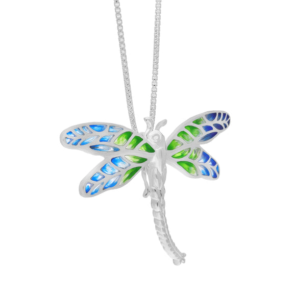 Sterling Silver Blue and Green Enamel Dragonfly Pendant