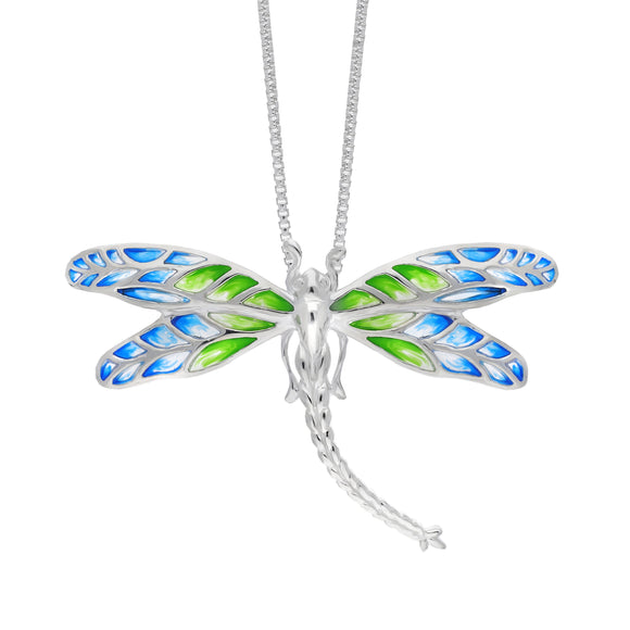 Sterling Silver Blue and Green Enamel Dragonfly Pendant