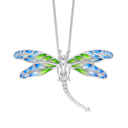 Sterling Silver Blue and Green Enamel Dragonfly Pendant