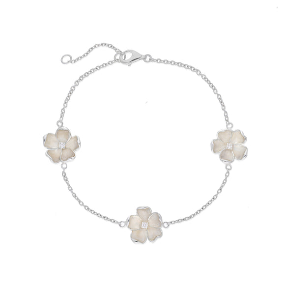Sterling Silver White Enamel Diamond Three Flower Bracelet