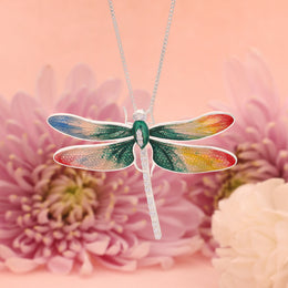 Sterling Silver Multicoloured Enamel Diamond Dragonfly Pendant