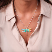 Sterling Silver Multicoloured Enamel Diamond Dragonfly Pendant