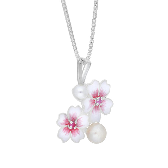 Sterling Silver Pearl & Pink Sapphire Double Cherry Blossom Flower Pendant