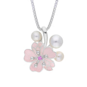 Sterling Silver Pearl and Pink Sapphire Cherry Blossom Flower Pendant