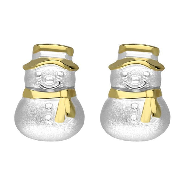 Sterling Silver Yellow Gold Snowman Hat and Scarf Stud Earrings, E2474.