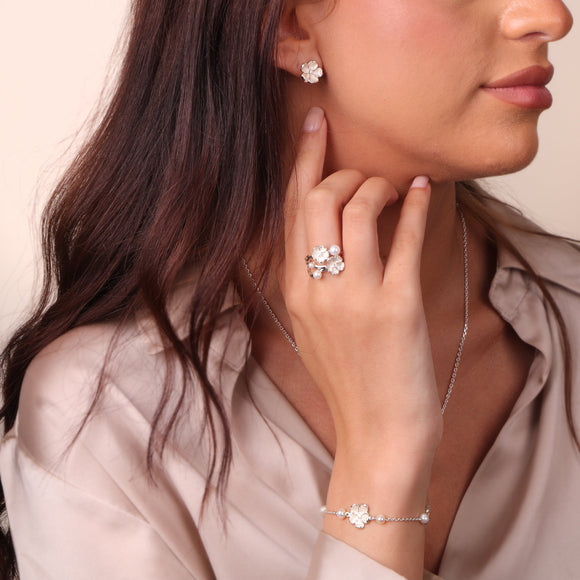 Sterling Silver Pearl & Diamond Three Flower Bracelet