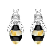  Sterling Silver Whitby Jet Amber Bee Stud Earrings, E2424.