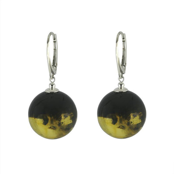 Silver Baltic Green Amber Bead Drop Earrings E1763