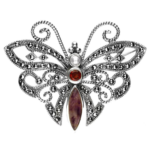 Sterling Silver Blue John Marcasite Garnet Pearl House Style Butterfly Brooch M334