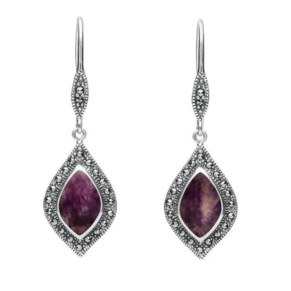 Sterling Silver Blue John Marcasite Pointed Pear Hook Earrings E2239