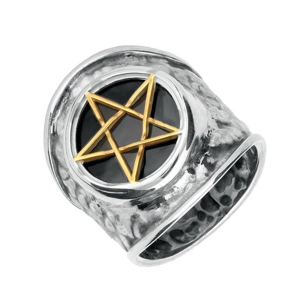 Sterling Silver Gold Plate Whitby Jet Pentagram Hammered Effect Shank Ring R1256