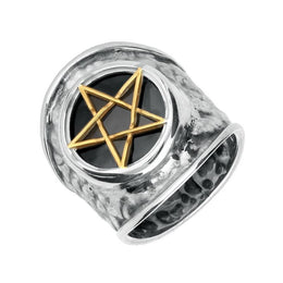 Sterling Silver Gold Plate Whitby Jet Pentagram Hammered Effect Shank Ring R1256