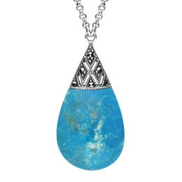 Sterling Silver Turquoise Marcasite Capped Pear Drop Necklace. N944. 00114476.